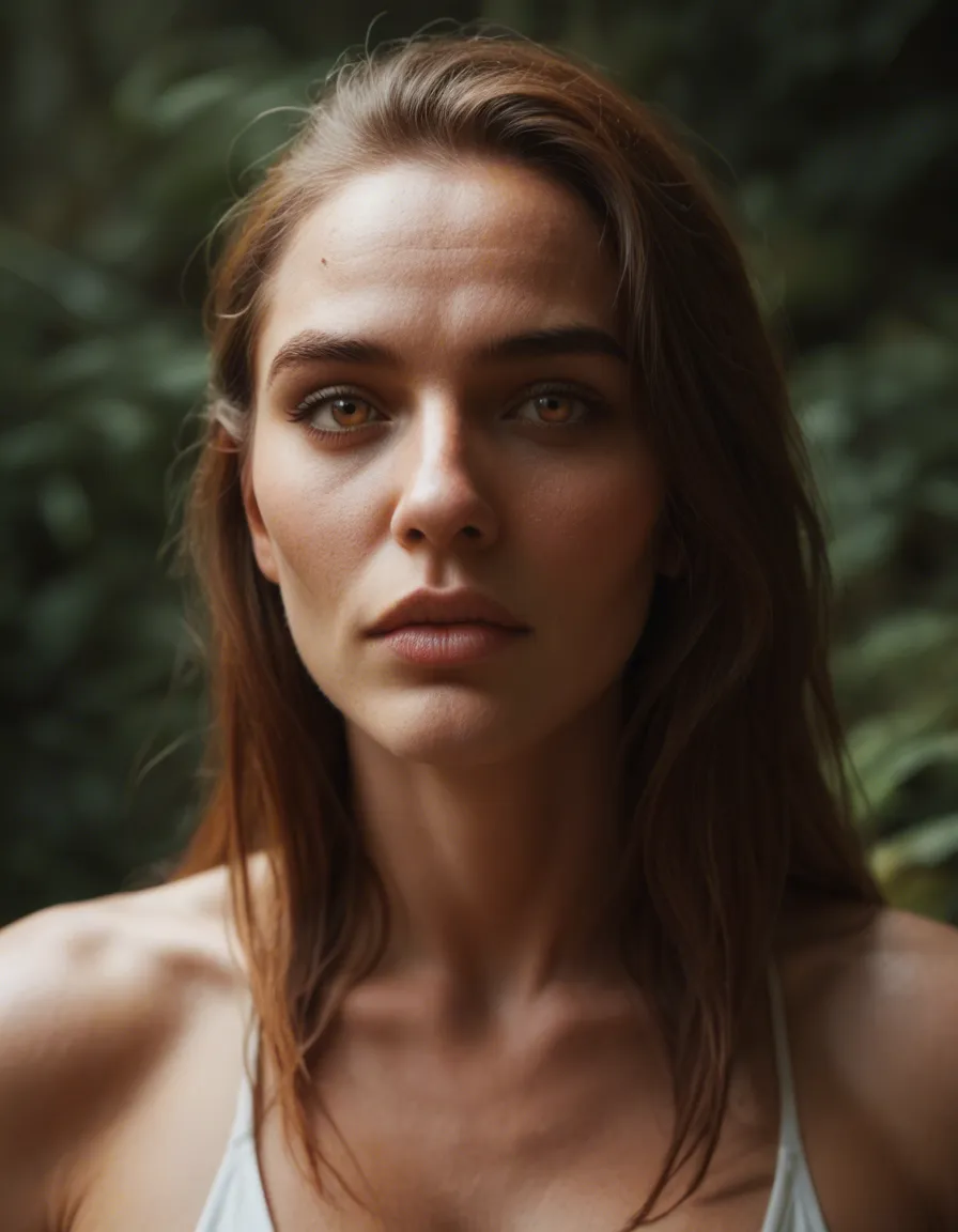 Caucasian woman with hazel eyes, black straight hair and natural big tits, score_9, score_8, candid photo, realistic skin texture, visible skin pores, film grain, depth of field