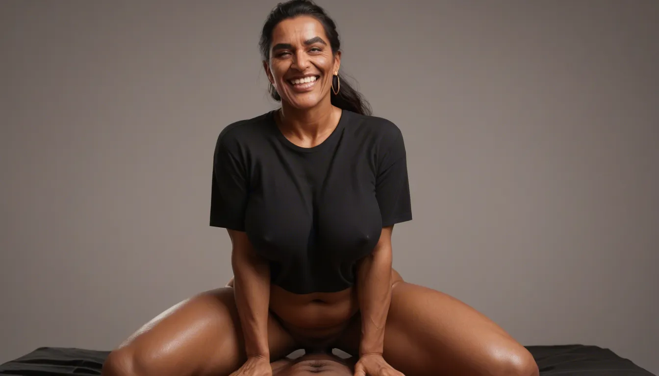 Old curvy Pakistani woman. she is brown. she has a sharp nose. she has a wrinkly face. she is riding a chubby black man's dick. she has juicy breasts. she is smiling and very happy. her tight black shirt has "BLACKED" written on it., score_9, score_8, amateur photo, phone snapshot, realistic skin texture, skin blemishes, soft indoor lighting