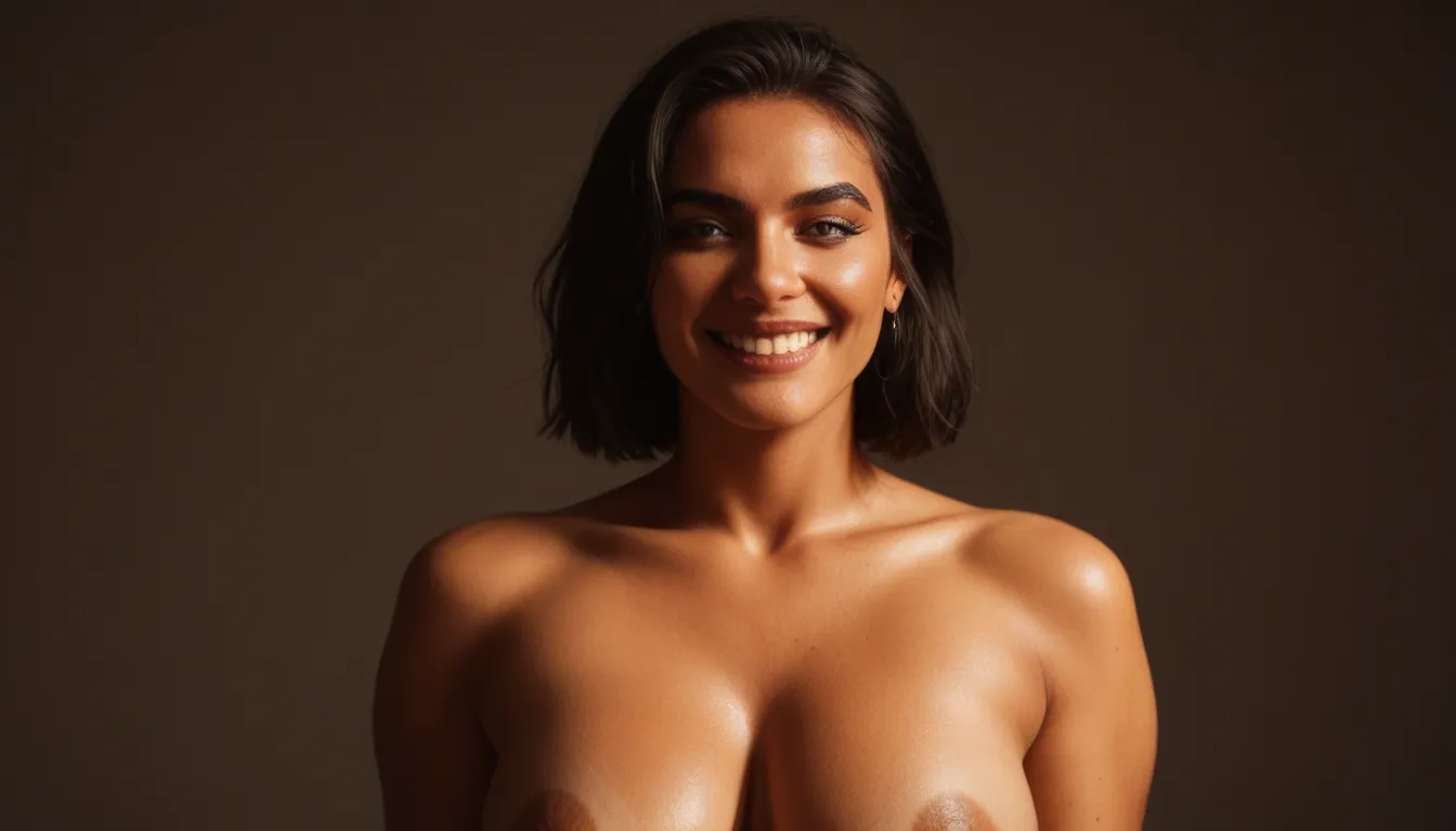 White skinned chubby egyptian woman. her nose is hooked. she is smiling and very happy. she has juicy breasts, score_9, score_8, cinematic film still, anamorphic, film grain, dramatic lighting, shallow depth of field