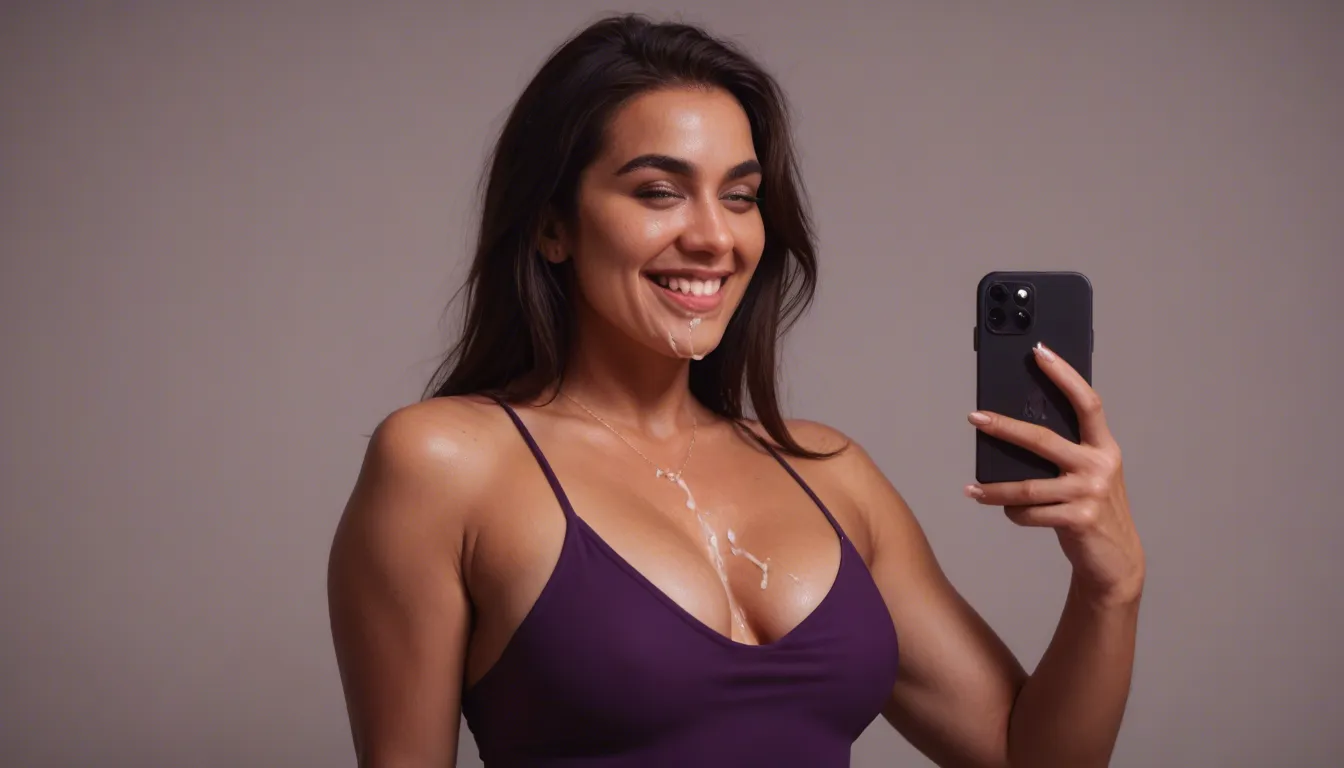Sexy old indian woman. she has a hooked nose. her face is covered in cum. she is smiling and very happy. she is chubby and wearing a tight purple dress., score_9, score_8, amateur photo, phone snapshot, realistic skin texture, skin blemishes, soft indoor lighting
