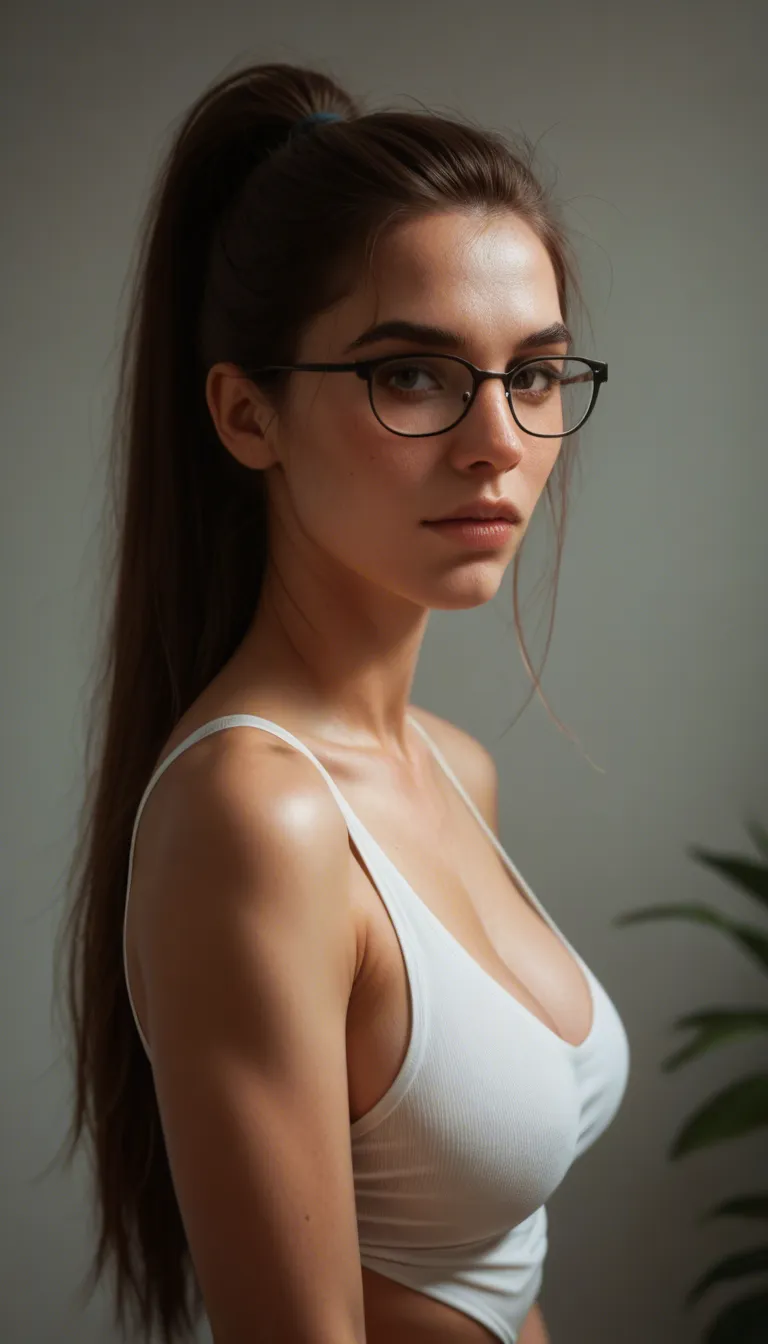 30yo busty black_hair with long ponytail , glasses , presenting ,