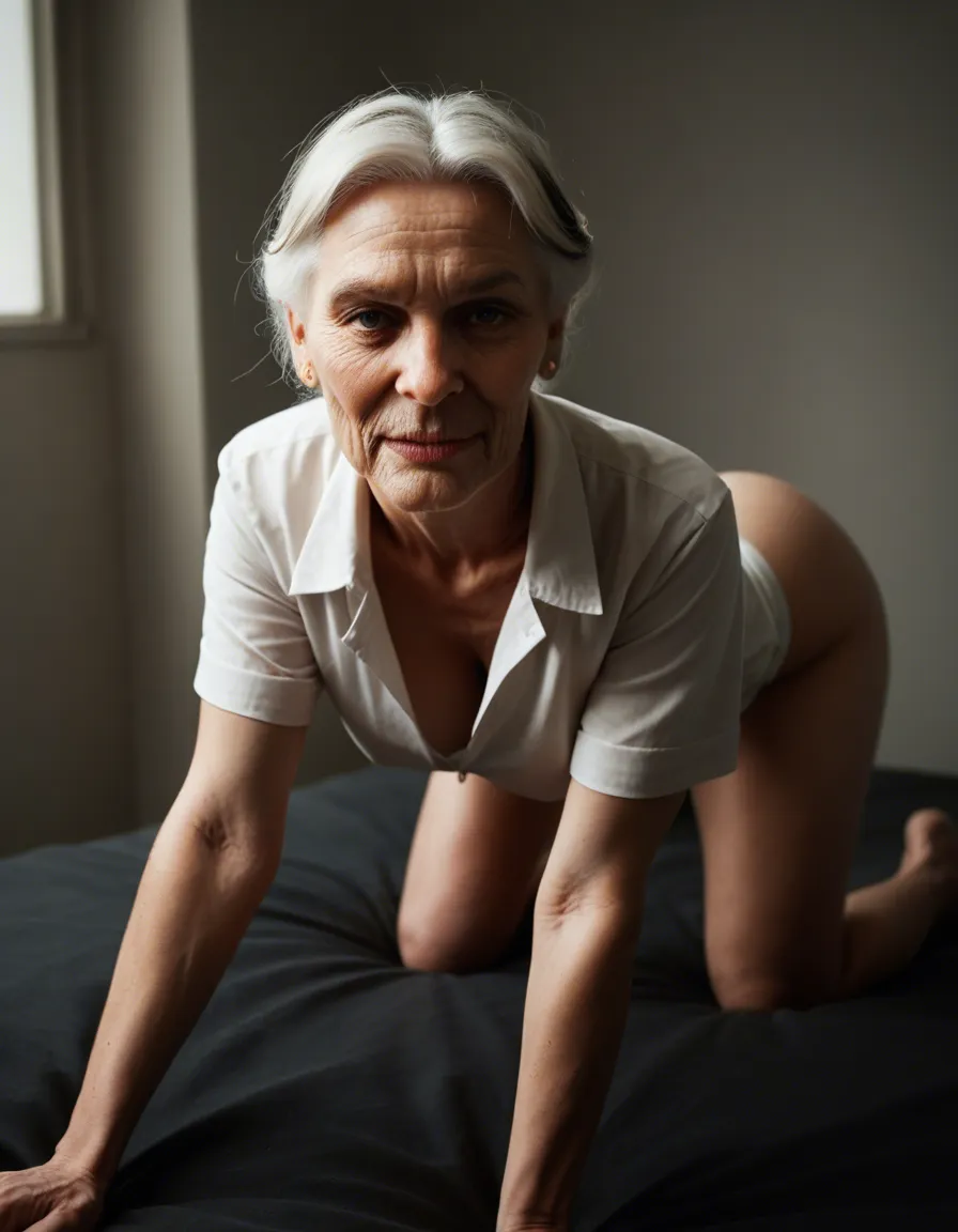 professional photo, high detail, granny, streaked hair, short sleeves, on all fours, spotlight, natural skin texture, score_9, score_8, candid photo, realistic skin texture, visible skin pores, film grain, depth of field