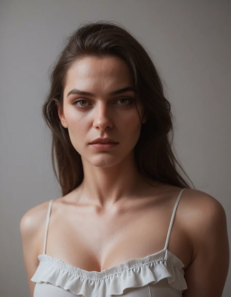 RAW photo, ultra realistic, brunette woman, grey hair, frills, presenting, volumetric light, studio photo, score_9, score_8, candid photo, realistic skin texture, visible skin pores, film grain, depth of field
