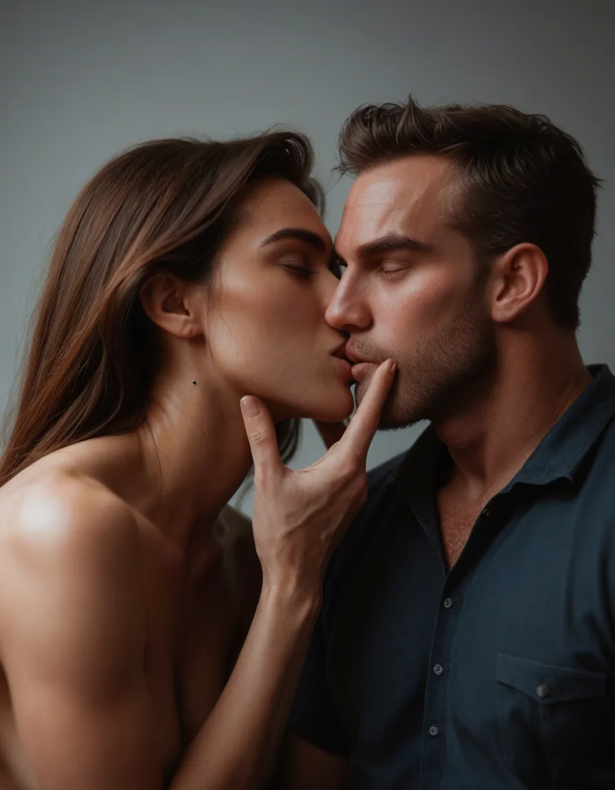 Two males kissing each other, score_9, score_8, candid photo, realistic skin texture, visible skin pores, film grain, depth of field