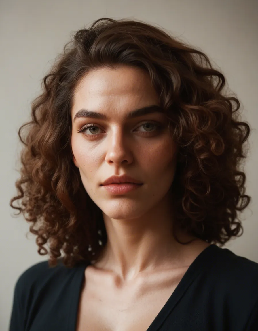 18 year old brunet curly hair, score_9, score_8, candid photo, realistic skin texture, visible skin pores, film grain, depth of field