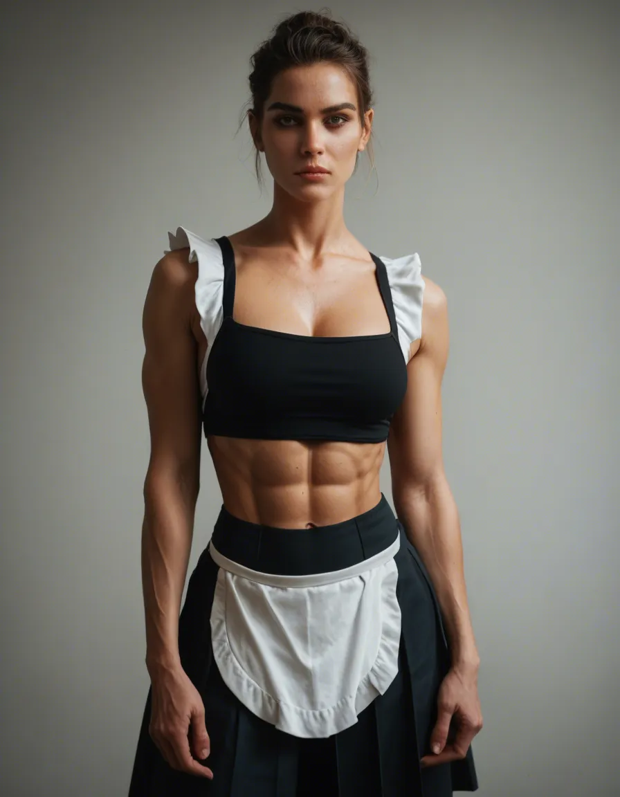 studio quality, sharp focus, maid, abs, pleated skirt, presenting, depth of field, RAW photo, score_9, score_8, candid photo, realistic skin texture, visible skin pores, film grain, depth of field