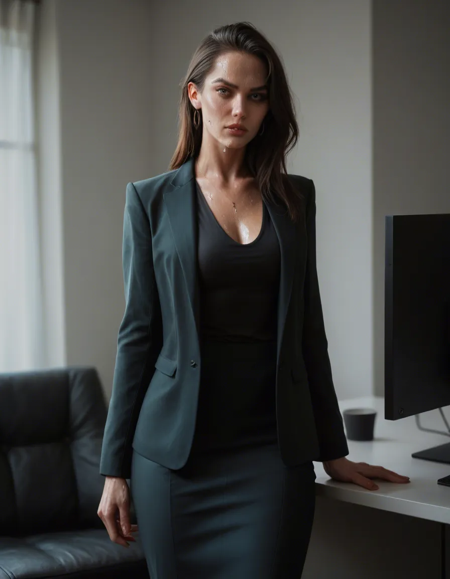 studio quality, sharp focus, office lady, petite adult woman, jacket, sweat, futanari, military, extreme close-up, lifelike render, score_9, score_8, candid photo, realistic skin texture, visible skin pores, film grain, depth of field