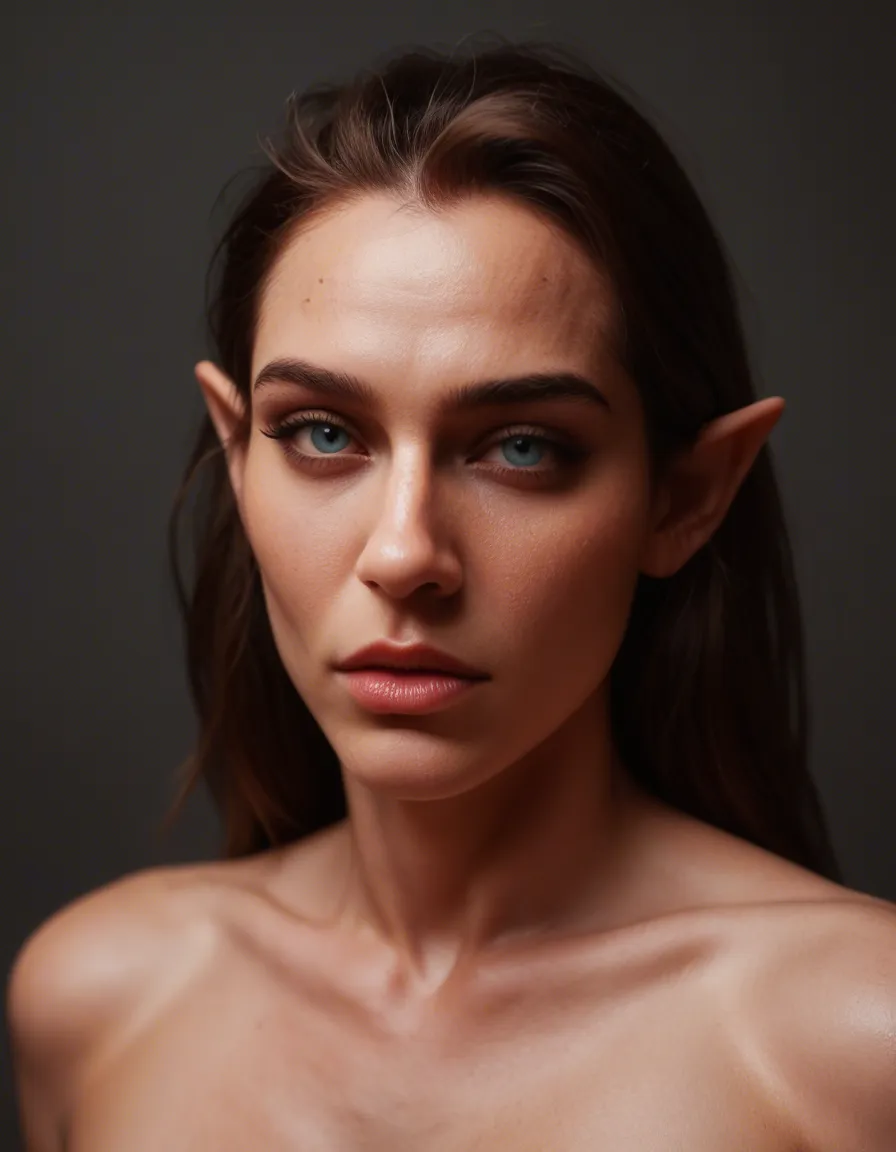 professional photo, high detail, 20s, female, fully nude, pointy ears, smoldering look, lifelike render, score_9, score_8, candid photo, realistic skin texture, visible skin pores, film grain, depth of field