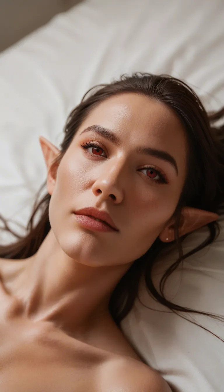 sharp focus, detailed skin, full view, lying on_back, gorgeous, beautiful face, Asian, red_eyes, long pointy_ears, wavey short horns, seductive bed background, sexy suggestive smile, hyperrealistic, sex, pov, naked. Show viewers cock fucking her pussy hard and fast