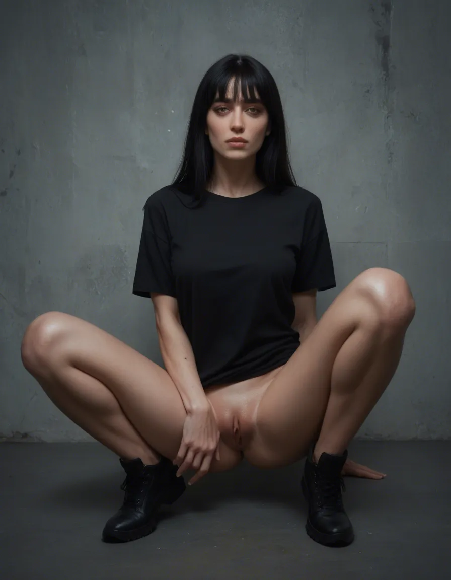 20 years old white woman, black hair and fringe, beautiful natural, sit on sof with black shirt, black shirt and large black shoes. she has legs open wide showing pussy, score_9, score_8, candid photo, realistic skin texture, visible skin pores, film grain, depth of field
