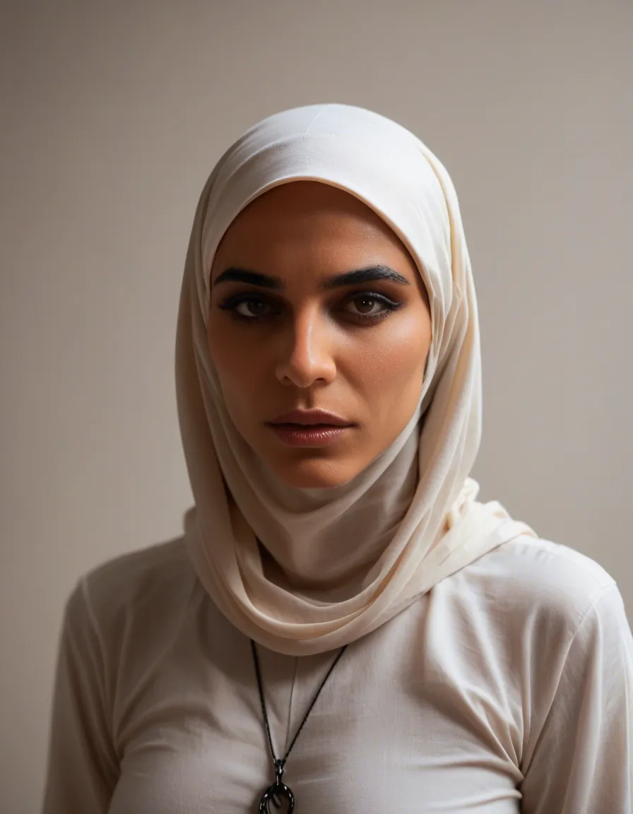 sharp focus, 8k uhd, male focus, multicolored hair, white shirt, bondage, hyperrealistic.hijab woman, score_9, score_8, candid photo, realistic skin texture, visible skin pores, film grain, depth of field
