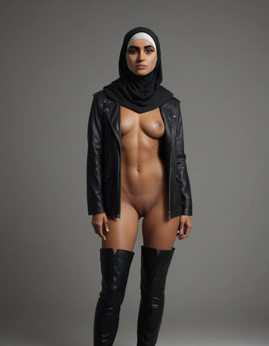 RAW photo, ultra realistic, solo focus, thigh boots, jacket, fully nude, simple background, over the shoulder, 8k uhd photo, score_9, score_8, candid photo, realistic skin texture, visible skin pores, film grain, depth of field,hijab, score_9, score_8, candid photo, realistic skin texture, visible skin pores, film grain, depth of field