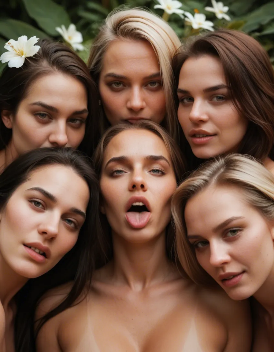 best quality, hyperrealistic, 5women, flower, ahegao, photorealistic, score_9, score_8, candid photo, realistic skin texture, visible skin pores, film grain, depth of field