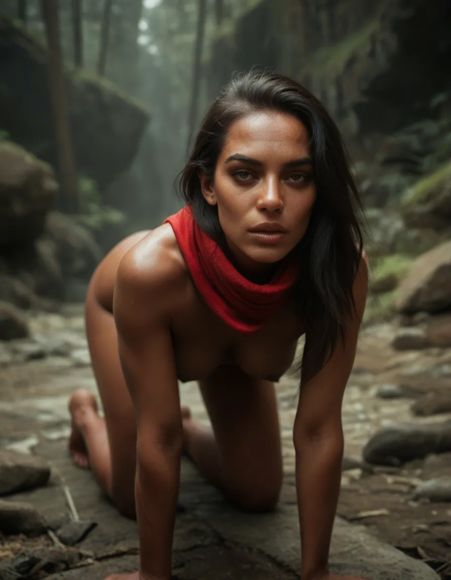 ultra HD, lifelike, demon girl, on all fours, scarf, natural skin texture, score_9, score_8, candid photo, realistic skin texture, visible skin pores, film grain, depth of field