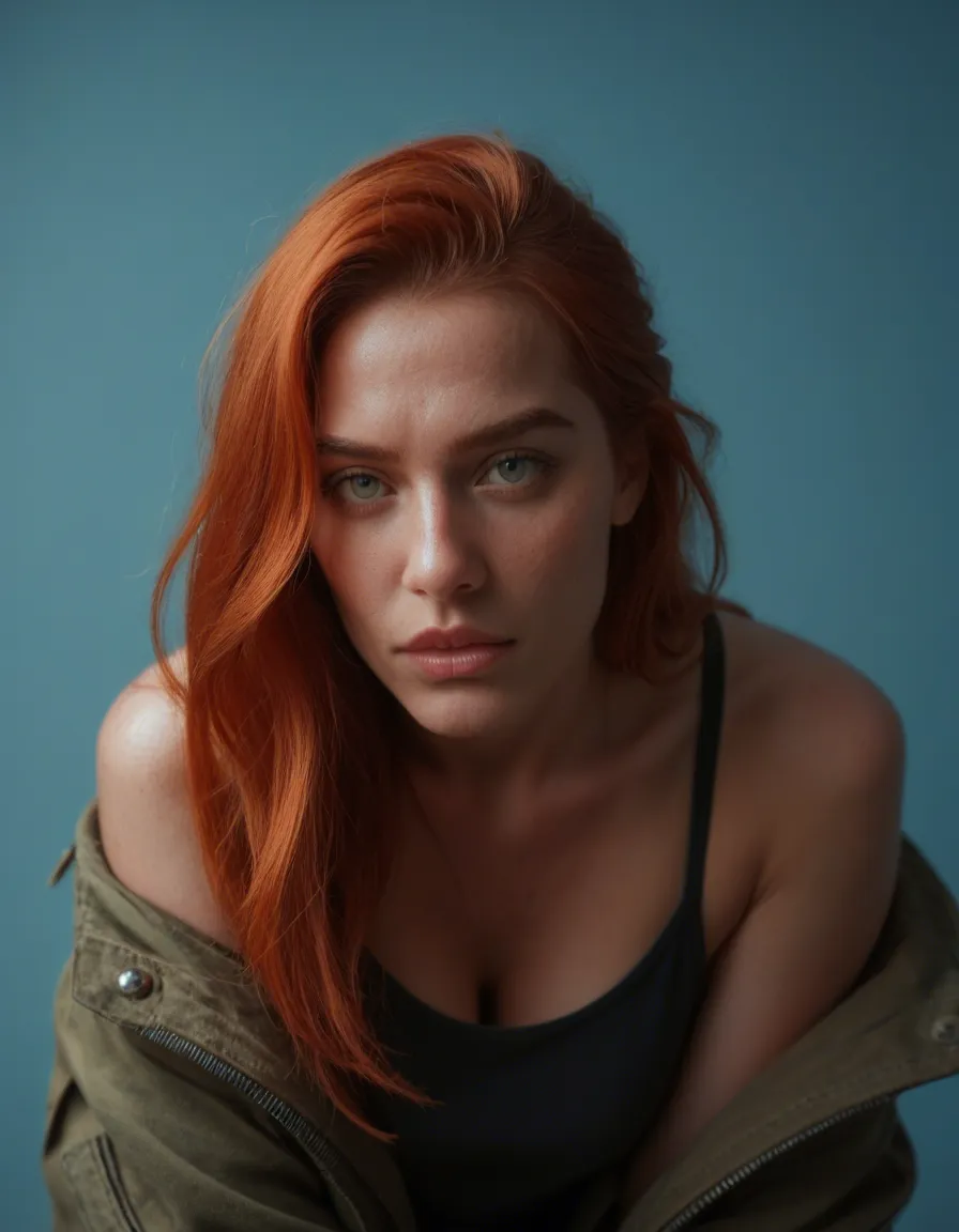 ultra HD, lifelike, redhead woman, bare shoulders, jacket, bent over, blue background, three-quarter view, 8k uhd photo, score_9, score_8, candid photo, realistic skin texture, visible skin pores, film grain, depth of field