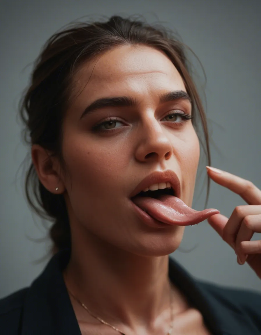 Giant man licking a frightened shrunken woman with his giant tongue, score_9, score_8, candid photo, realistic skin texture, visible skin pores, film grain, depth of field