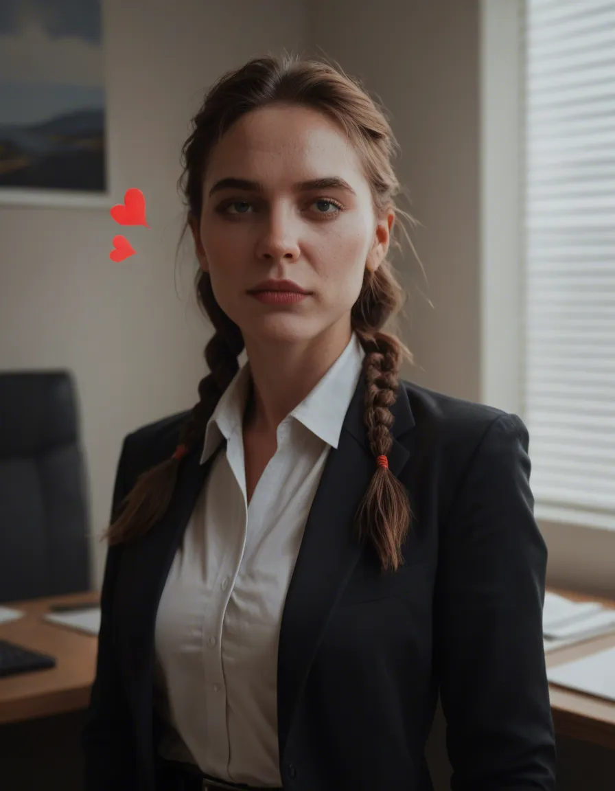 ultra HD, lifelike, office lady, twin braids, heart, presenting, dslr quality, score_9, score_8, candid photo, realistic skin texture, visible skin pores, film grain, depth of field