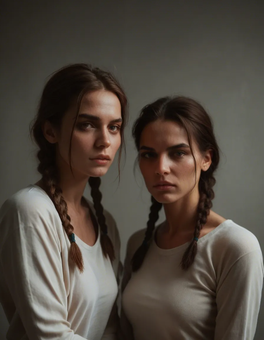8k, sharp focus, detailed skin, 2women, twin braids, long sleeves, bondage, RAW photo, score_9, score_8, candid photo, realistic skin texture, visible skin pores, film grain, depth of field