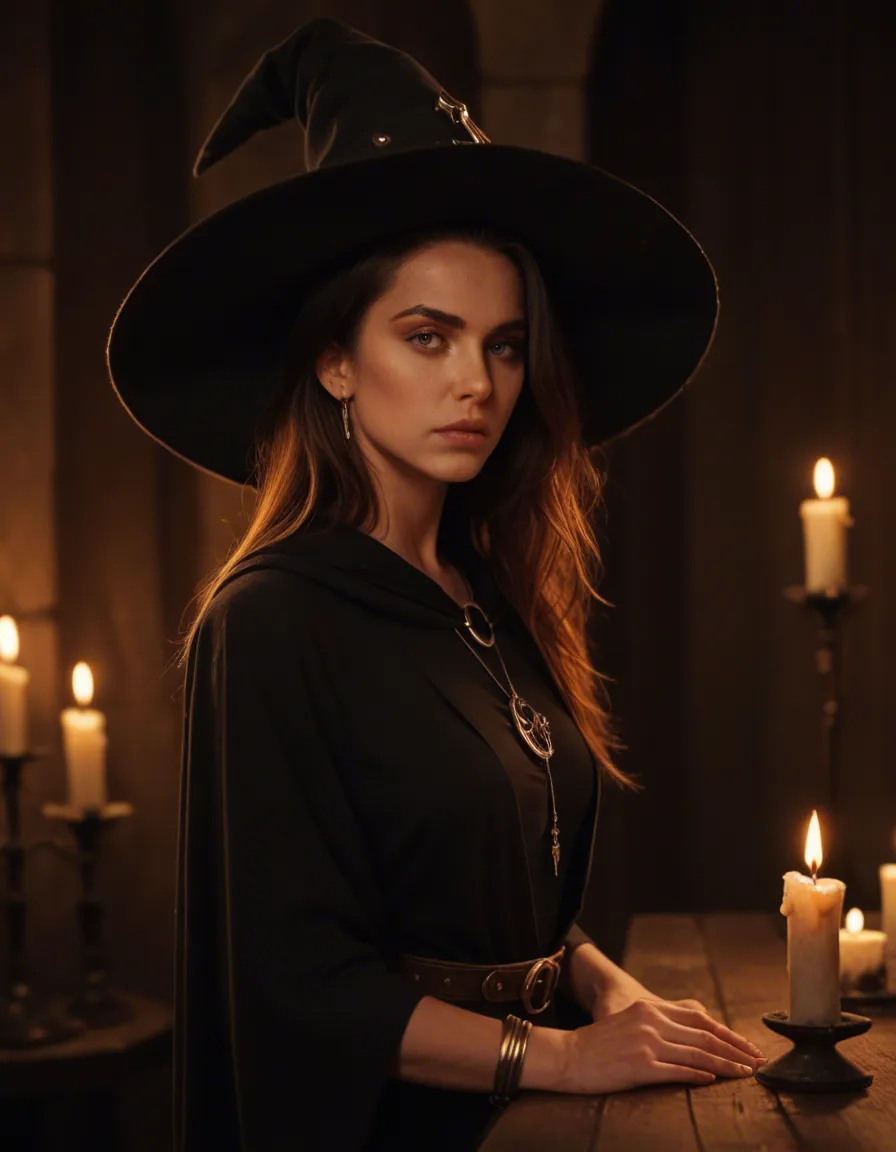 cinematic photo, 8k, witch, ahoge, jewelry, bondage, candlelight, film photography, score_9, score_8, candid photo, realistic skin texture, visible skin pores, film grain, depth of field