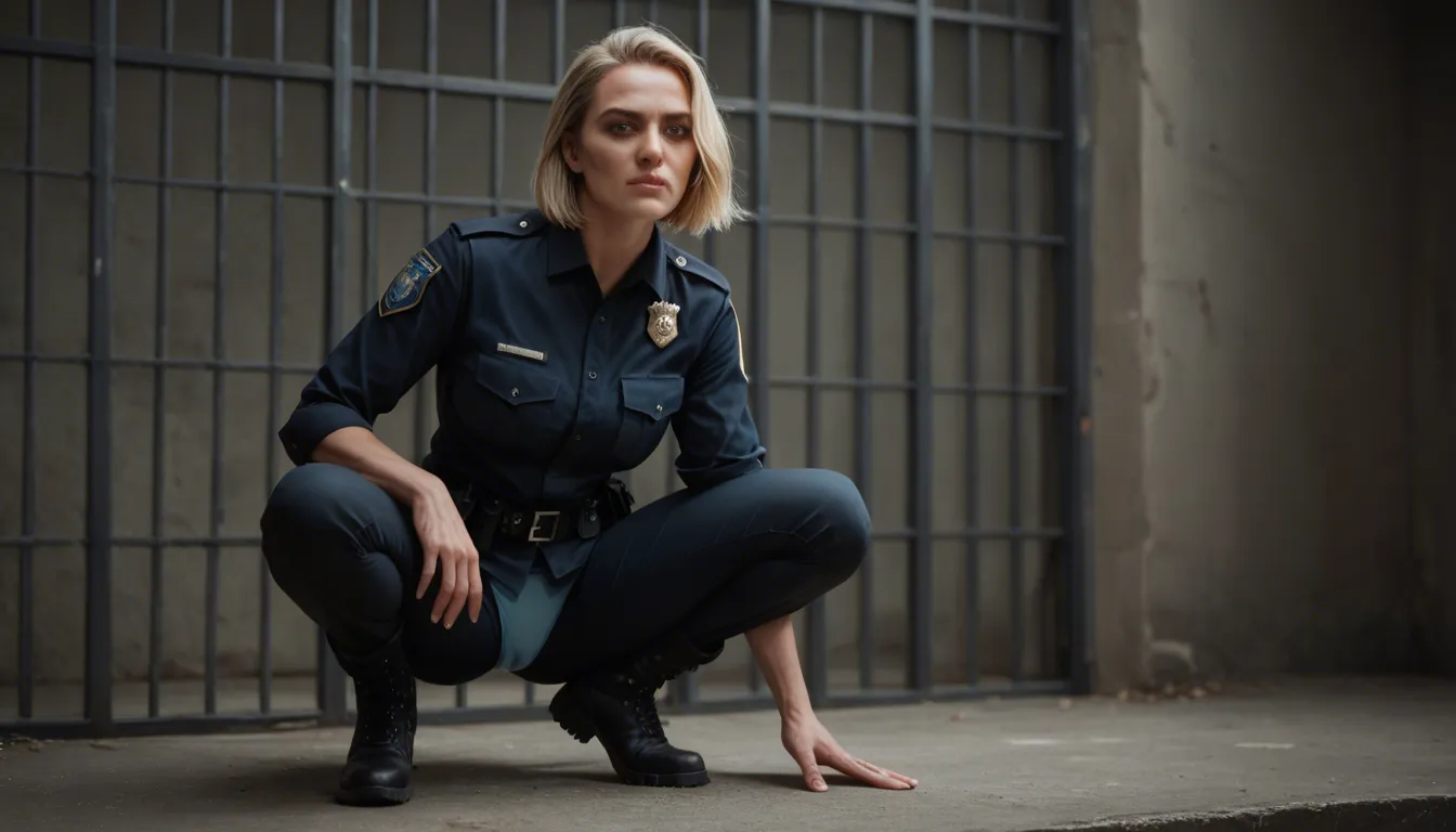 A short blonde mature_female, wearing a police uniform, black uniform pants, light blue panties, and black utility boots, is squatting outside a jail cell. She is giving an interracial deepthroat blowjob to a prisoner and fingering herself. Her pants and panties are around her ankles. Dramatic lighting, ultra realistic, full body.