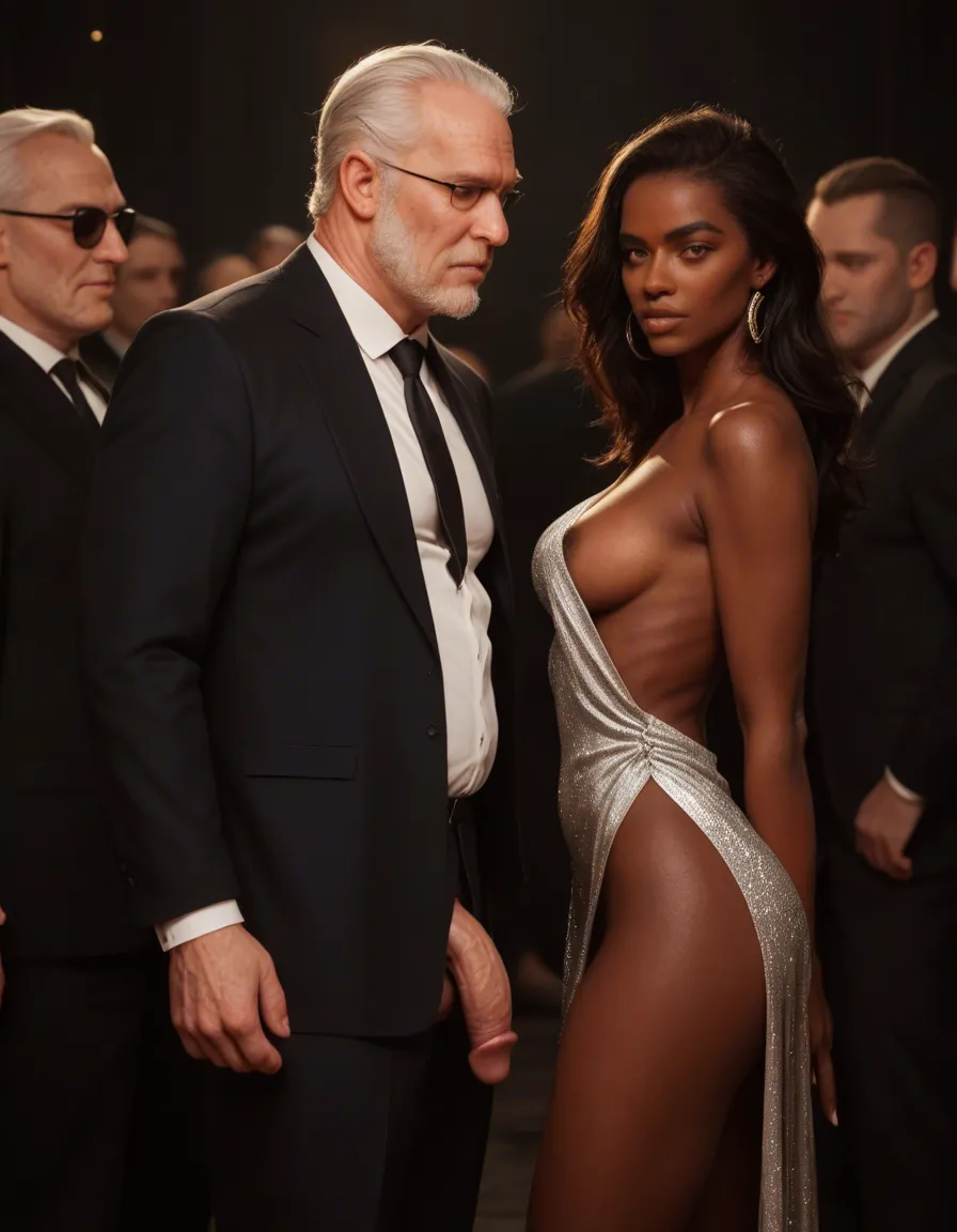 CFNM. 6 fully African women, clothed_female_nude_male, white naked older man, erect penis, all women in evening dress, man fully naked, score_9, score_8, candid photo, realistic skin texture, visible skin pores, film grain, depth of field