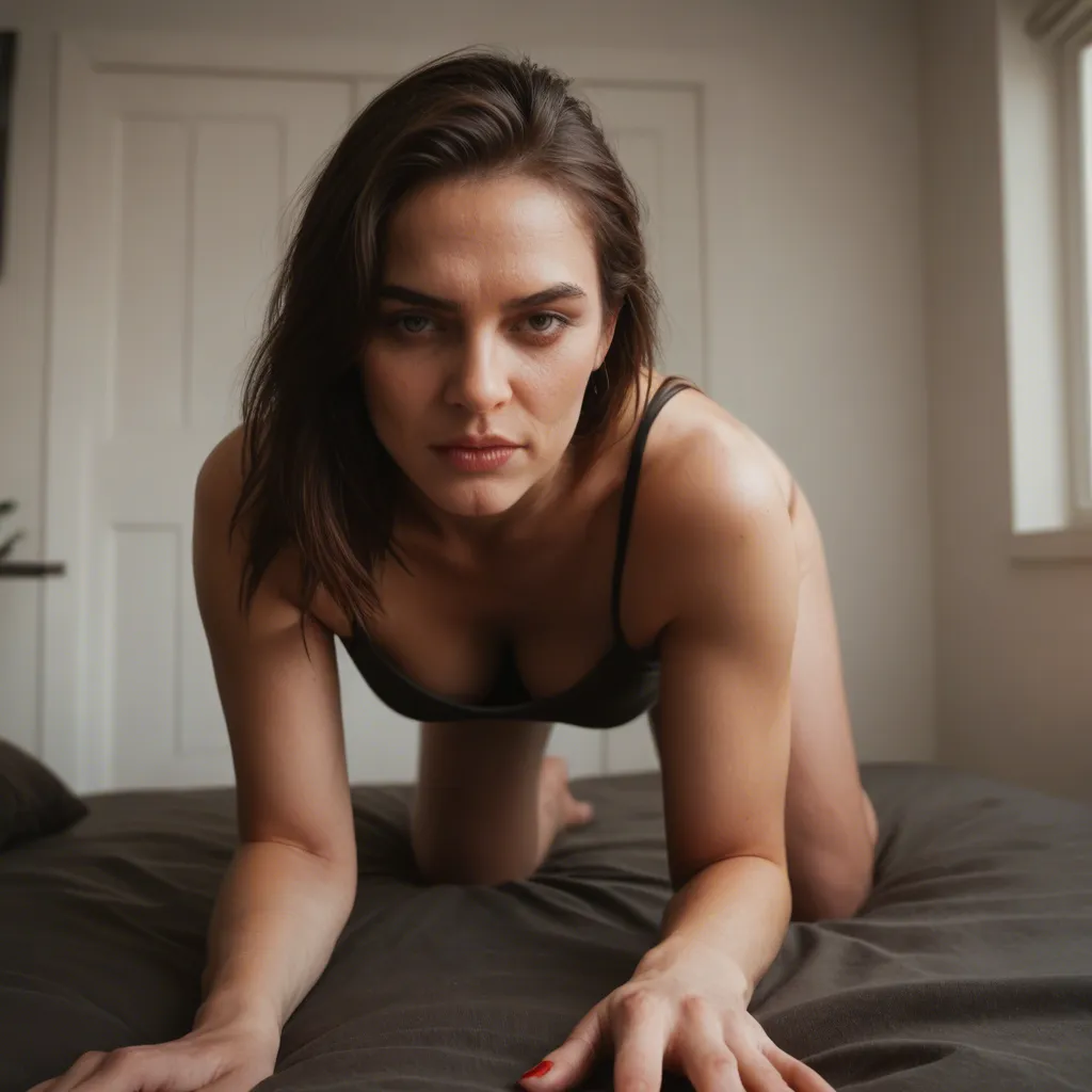 dslr, film grain, photorealistic, mature female, on all fours, nail polish, indoors, studio photo, score_9, score_8, candid photo, realistic skin texture, visible skin pores, film grain, depth of field