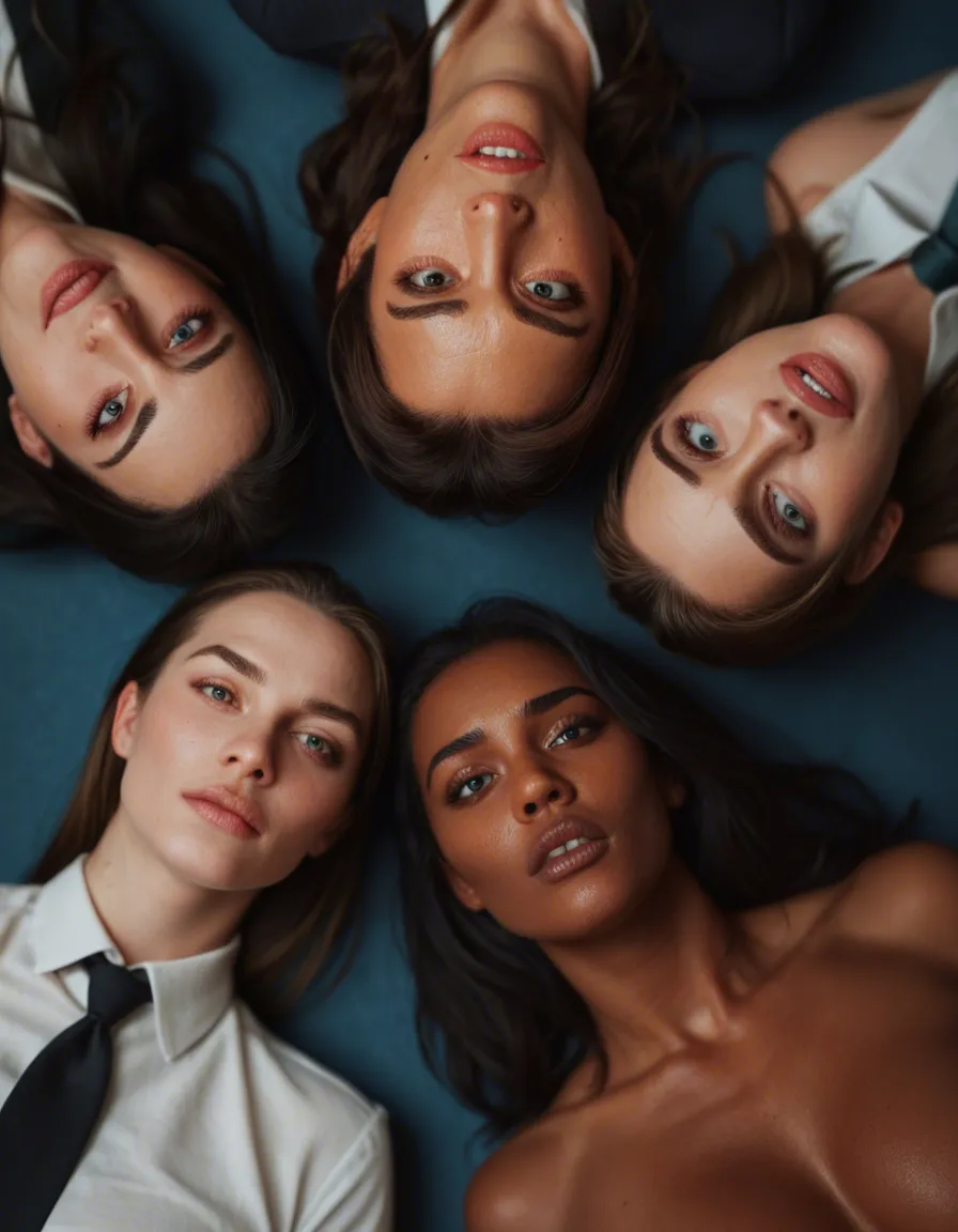 8k, sharp focus, detailed skin, 3women, black footwear, necktie, presenting, blue background, from above, golden hour, natural skin texture, score_9, score_8, candid photo, realistic skin texture, visible skin pores, film grain, depth of field, score_9, score_8, candid photo, realistic skin texture, visible skin pores, film grain, depth of field