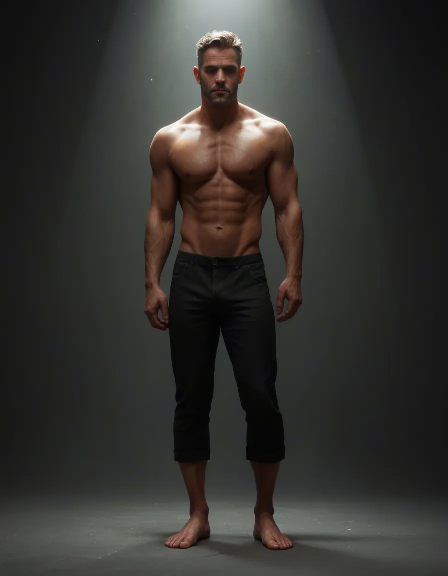 8k, sharp focus, detailed skin, medium shot, male focus, presenting, barefoot, hyperrealistic, score_9, score_8, cinematic film still, anamorphic, film grain, dramatic lighting, shallow depth of field