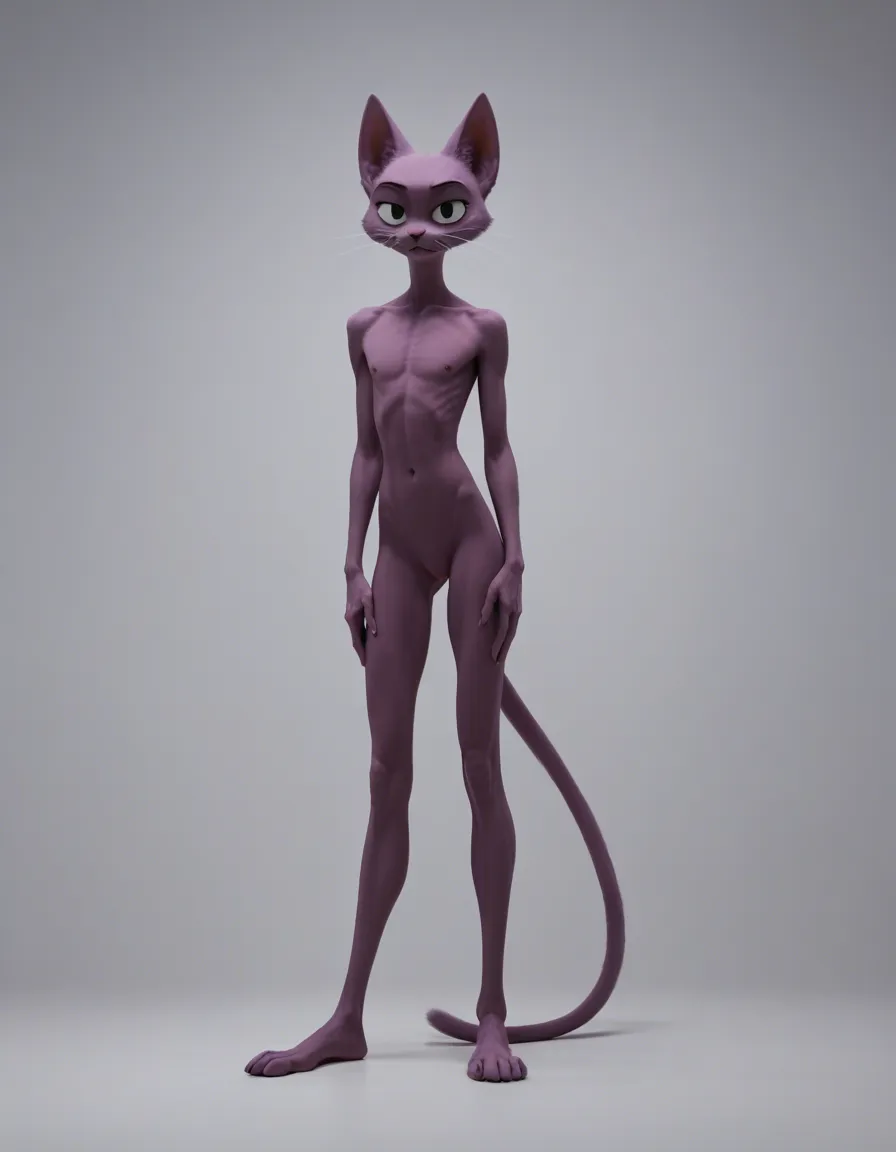 score_9, score_8_up, score_7_up, source_furry,
1boy, solo, anthropomorphic purple cat, Catnap from Poppy Playtime,
very tall and skinny, long thin arms and legs, soft purple fur all over body,
big black eyes with tiny white pupils, small pink triangular nose, 
long fluffy purple tail, 
completely nude, large detailed erect penis,
standing pose, looking at viewer, calm expression,
masterpiece, best quality, detailed fur, dramatic lighting, score_9, score_8, amateur photo, phone snapshot, realistic skin texture, skin blemishes, soft indoor lighting