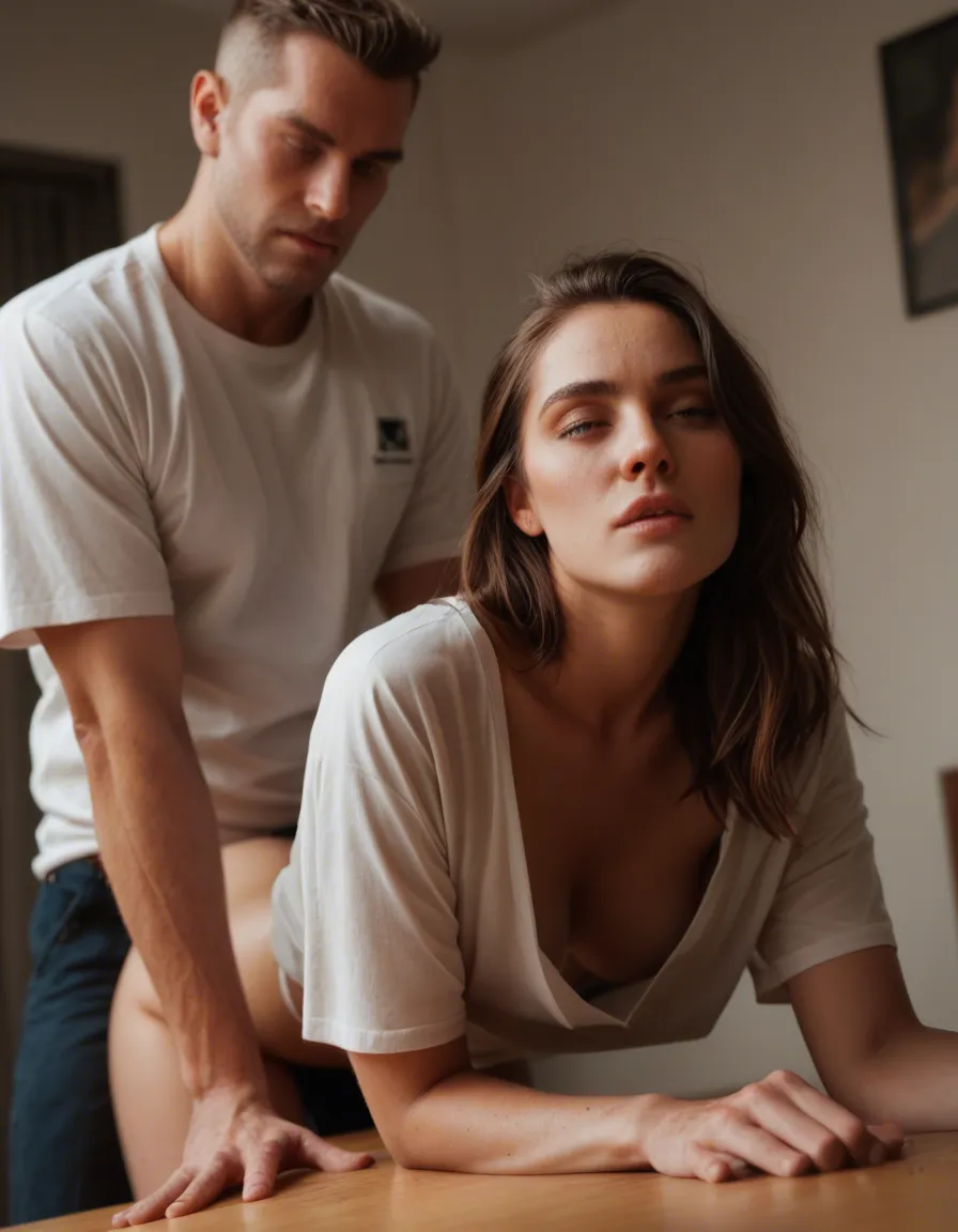 ultra HD, lifelike, couple, shirt, doggy style, dslr quality, score_9, score_8, candid photo, realistic skin texture, visible skin pores, film grain, depth of field