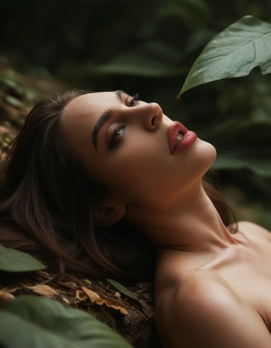 dslr, film grain, photorealistic, side view, succubus, missionary, lips, leaf, film photography, score_9, score_8, candid photo, realistic skin texture, visible skin pores, film grain, depth of field