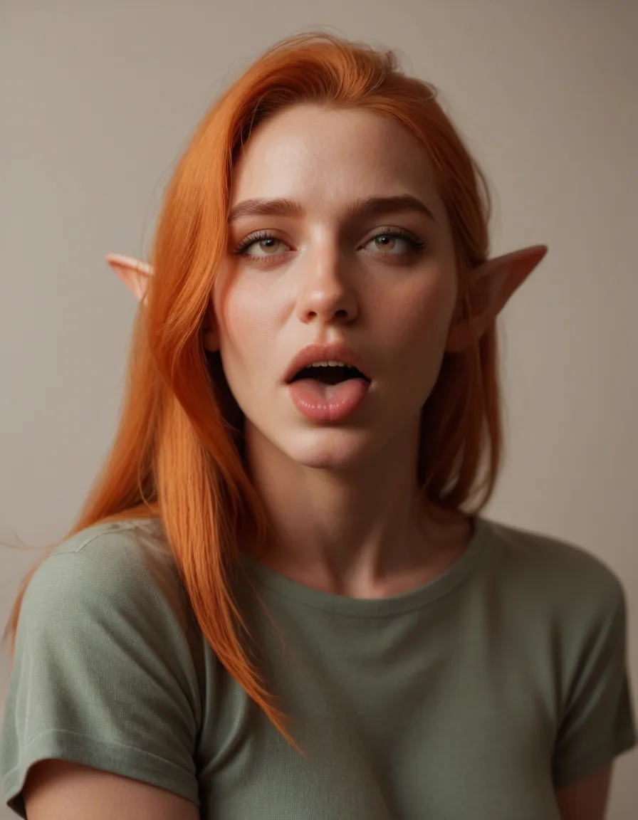 studio quality, sharp focus, elf girl, orange hair, short sleeves, ahegao, studio lighting, hyperrealistic, score_9, score_8, candid photo, realistic skin texture, visible skin pores, film grain, depth of field