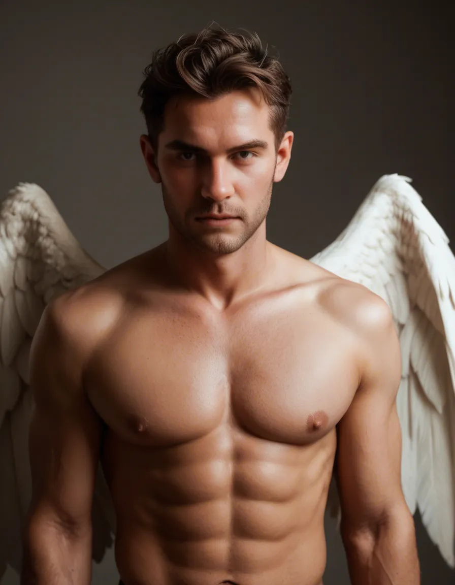 ultra HD, lifelike, male focus, wings, topless, photorealistic, score_9, score_8, candid photo, realistic skin texture, visible skin pores, film grain, depth of field