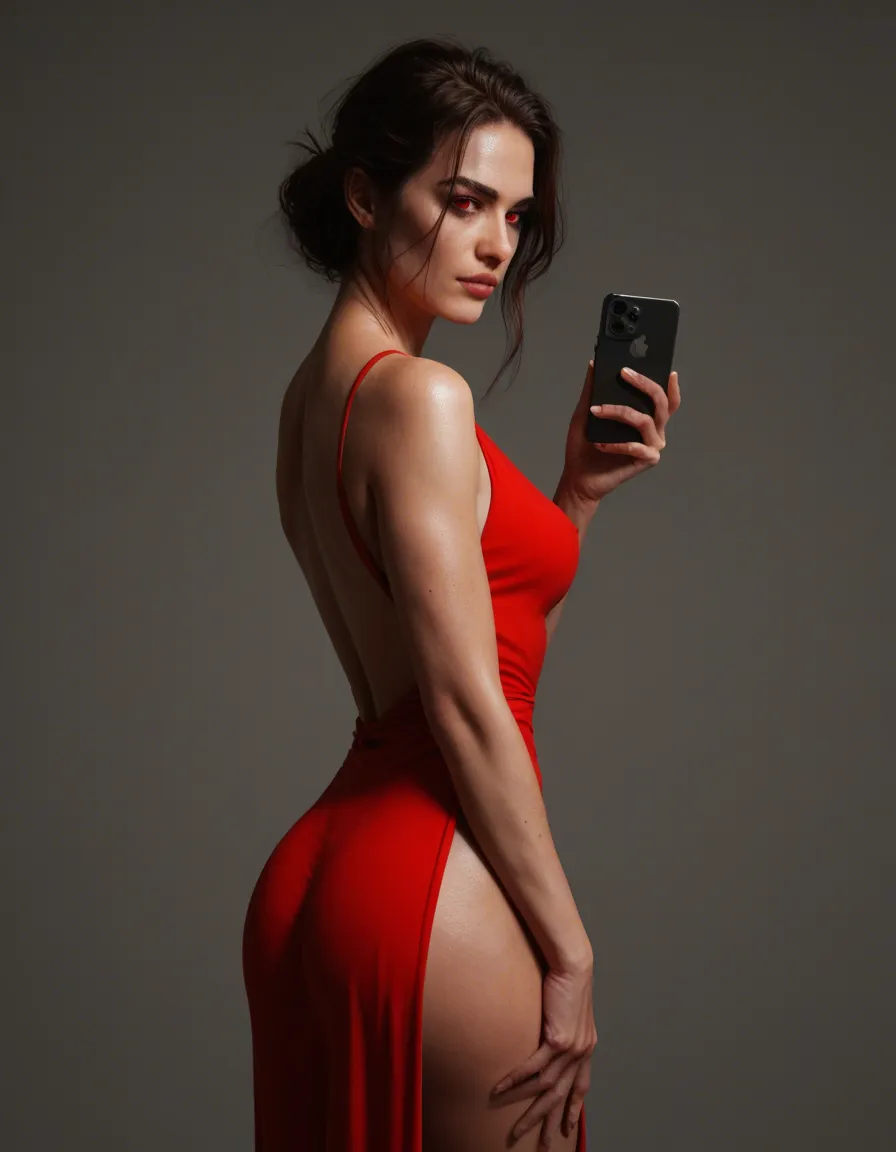 Anime mature_female ass_focus red_hair red_eyes red_dress, score_9, score_8, amateur photo, phone snapshot, realistic skin texture, skin blemishes, soft indoor lighting heavy_breathing, score_9, score_8, 3d render, octane render, subsurface scattering, ray tracing, smooth shading