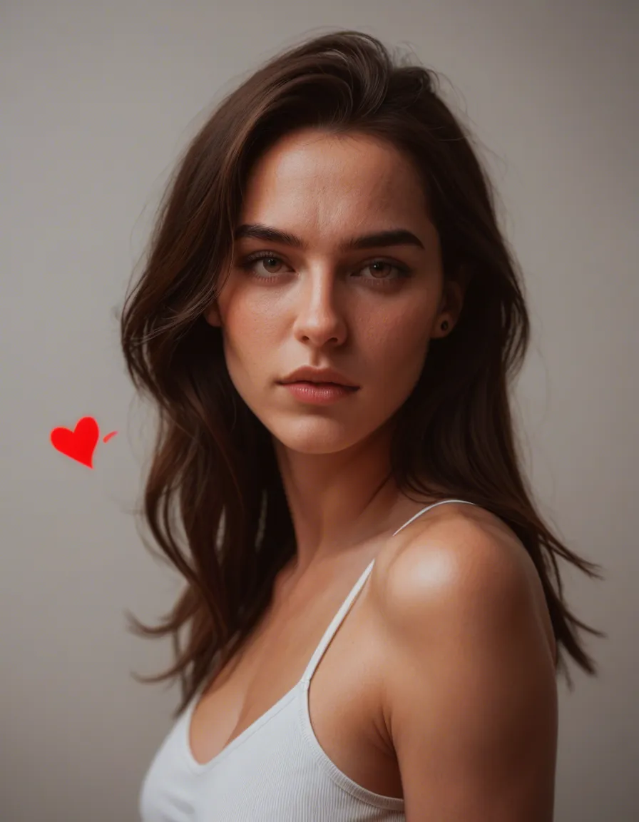 cinematic photo, 8k, brunette woman, heart, presenting, lifelike render, score_9, score_8, candid photo, realistic skin texture, visible skin pores, film grain, depth of field