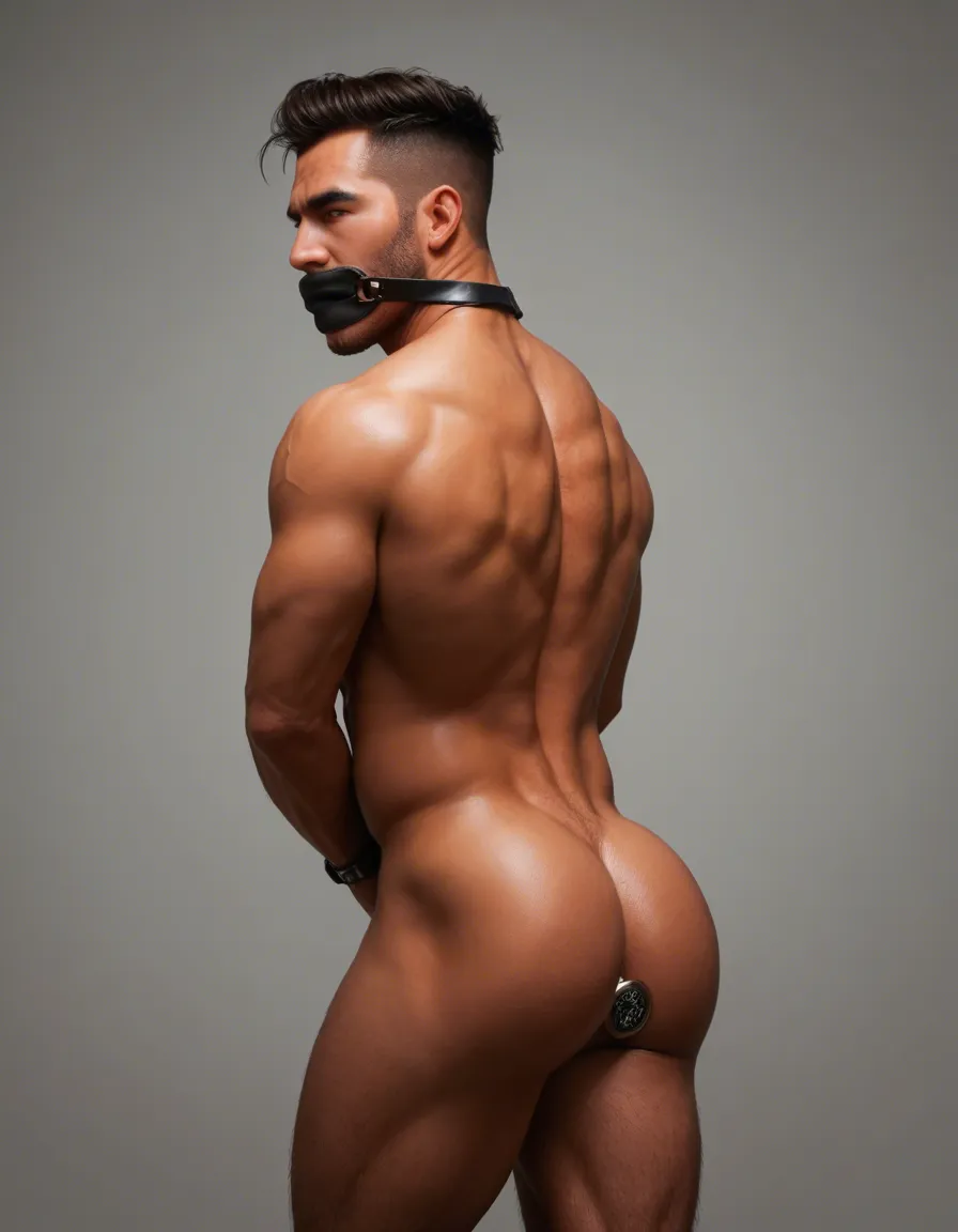 Sub slave at atm machine getting cash. He's a daddy type. Explicit. He's gagged. Chastity. And huge butt plug. Half naked. It's gay porn. He's master is in the back waiting. He's Asian., score_9, score_8, candid photo, realistic skin texture, visible skin pores, film grain, depth of field
