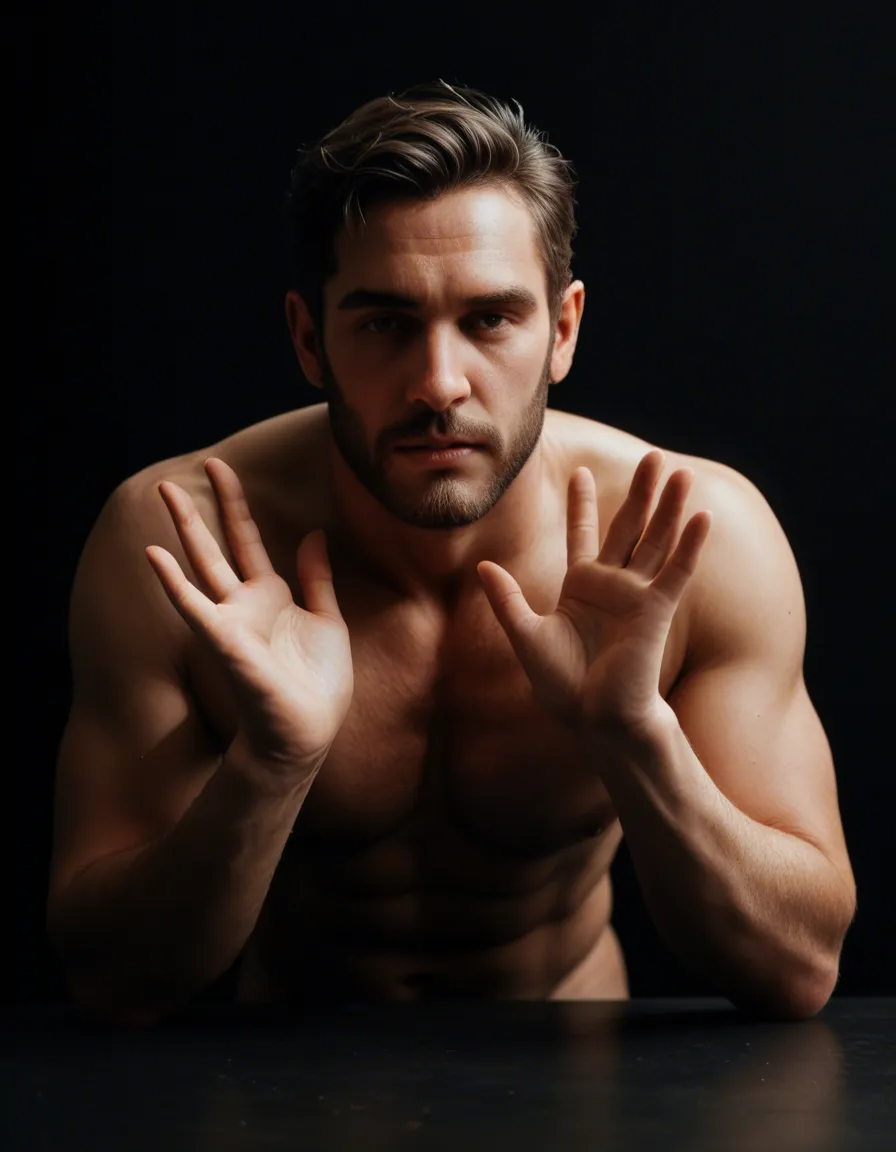 dslr, film grain, photorealistic, male focus, bent over, hands up, black background, lifelike render, score_9, score_8, candid photo, realistic skin texture, visible skin pores, film grain, depth of field