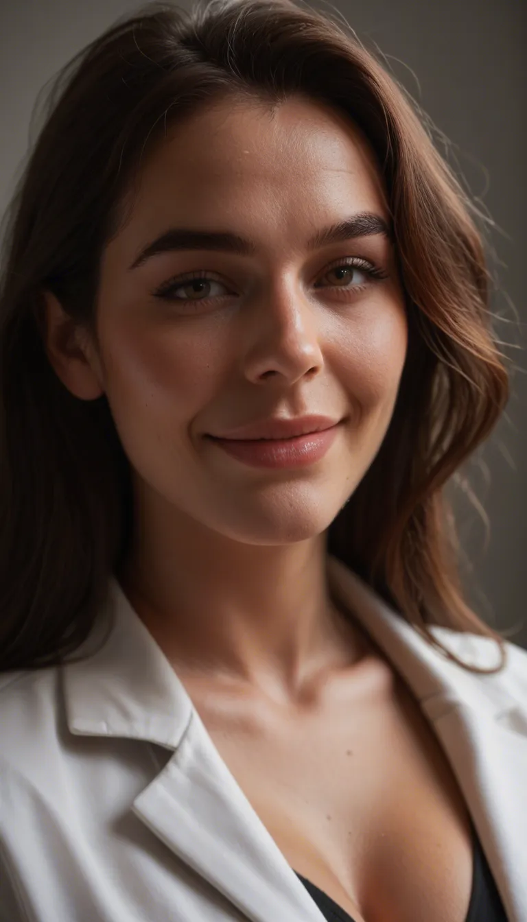 professional photo, high detail, close-up, brunette woman, bondage, skindentation, shy smile, cinematic realism