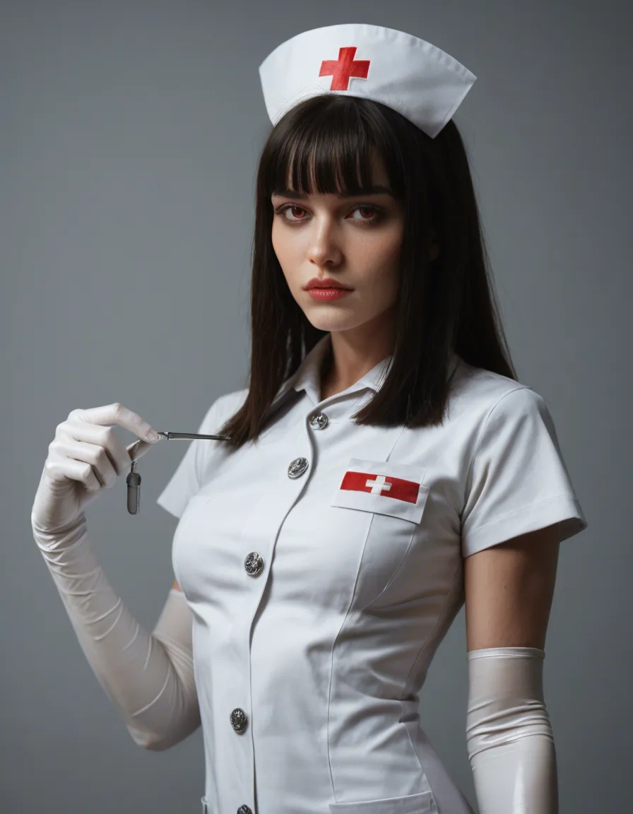 best quality, hyperrealistic, nurse, blunt bangs, elbow gloves, futanari, cinematic realism, score_9, score_8, candid photo, realistic skin texture, visible skin pores, film grain, depth of field