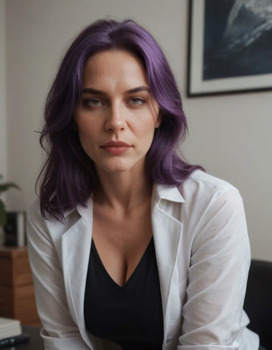best quality, hyperrealistic, mature female, purple hair, office wear, presenting, dslr quality, score_9, score_8, candid photo, realistic skin texture, visible skin pores, film grain, depth of field