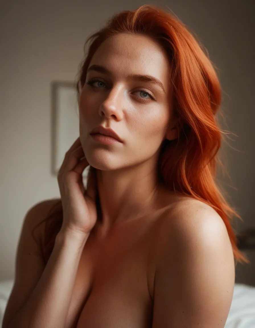 highly detailed, natural lighting, redhead woman, futanari, feet, lustful eyes, dslr quality, score_9, score_8, candid photo, realistic skin texture, visible skin pores, film grain, depth of field