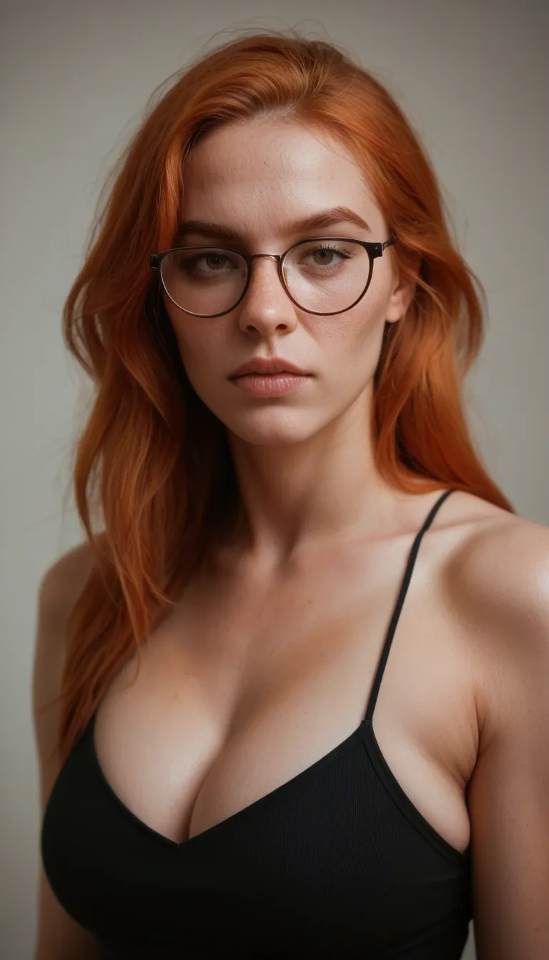 A highly detailed, realistic, plump nerdy woman with glasses and ginger hair. Give her face and body natural imperfections. Strong jawline. Eyes are round and alert. Freckles on her nose and cheeks. Cheeks are a bit chubby. Face is oval shaped and chubby. Make her dirty sitting in bed with dirt all over her naked body and smiling like a pig at the camera. Show her full body. Make her fully nude showing breasts, vagina, buttocks.