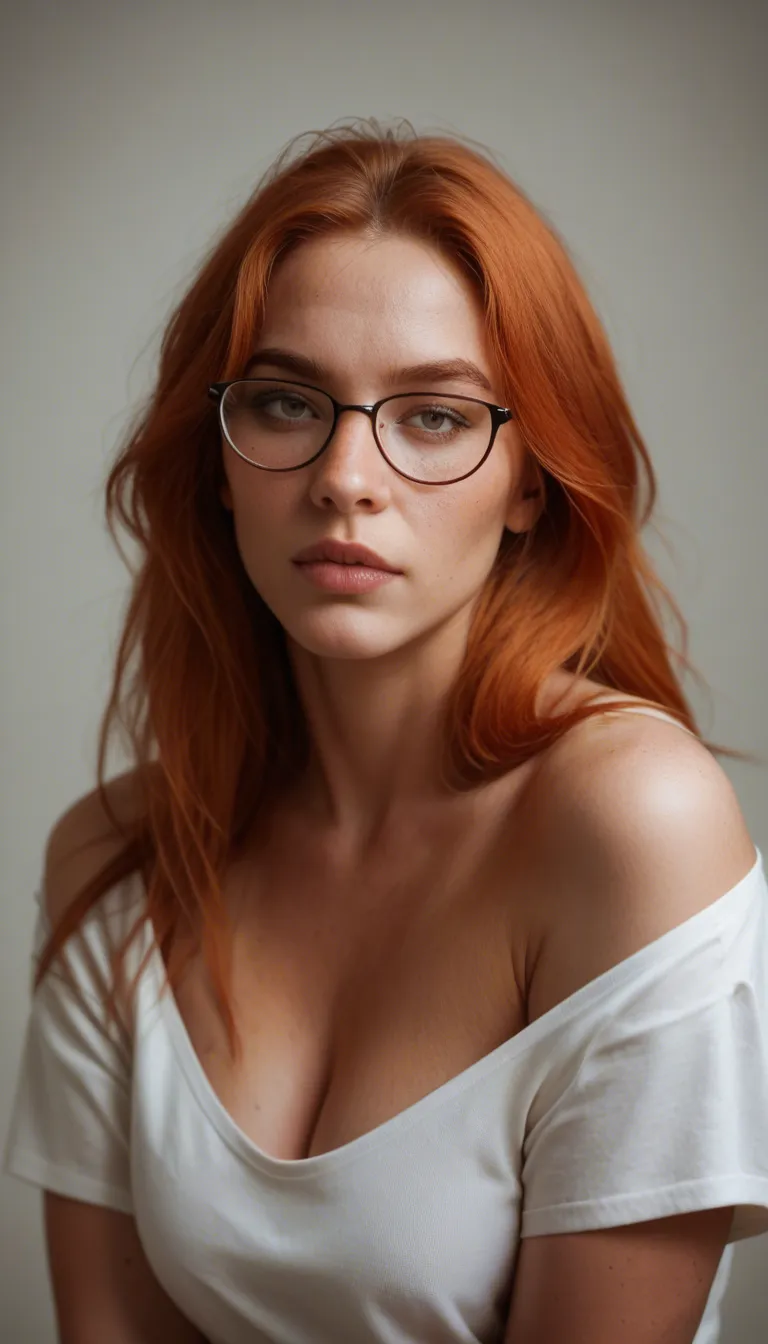 A highly detailed, realistic, plump nerdy woman with glasses and ginger hair. Give her face and body natural imperfections. Strong jawline. Eyes are round and alert. Freckles on her nose and cheeks. Cheeks are a bit chubby. Face is oval shaped and chubby. Make her dirty sitting in bed with dirt all over her naked body and smiling like a pig at the camera. Show her full body. Make her fully nude showing breasts, vagina, buttocks.