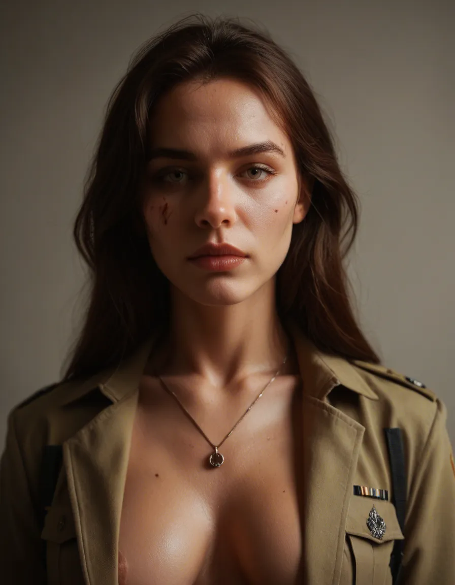 cinematic photo, 8k, 1other, scar, open clothes, bondage, military, close-up, studio lighting, photorealistic, score_9, score_8, candid photo, realistic skin texture, visible skin pores, film grain, depth of field