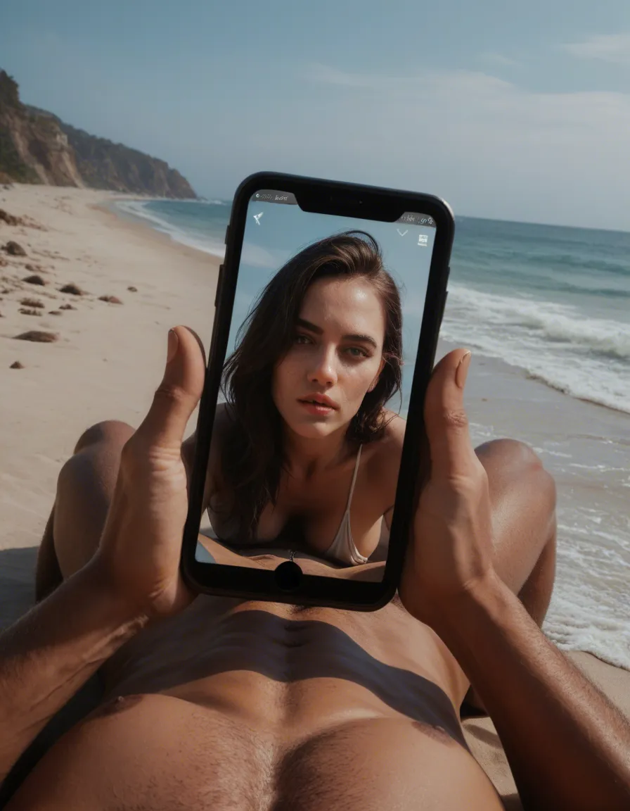 cinematic photo, 8k, dutch angle, solo focus, 69 position, thighhighs, beach, natural skin texture, score_9, score_8, amateur photo, phone snapshot, realistic skin texture, skin blemishes, soft indoor lighting
