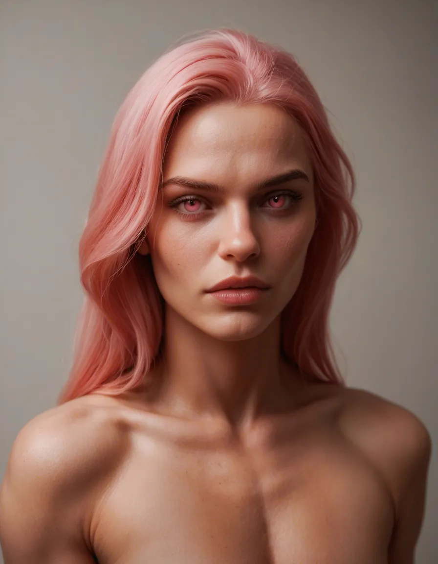 8k, sharp focus, detailed skin,  femboy, pink hair, pink eyes, slightly muscular body, and giant 50 inch penis, score_9, score_8, candid photo, realistic skin texture, visible skin pores, film grain, depth of field