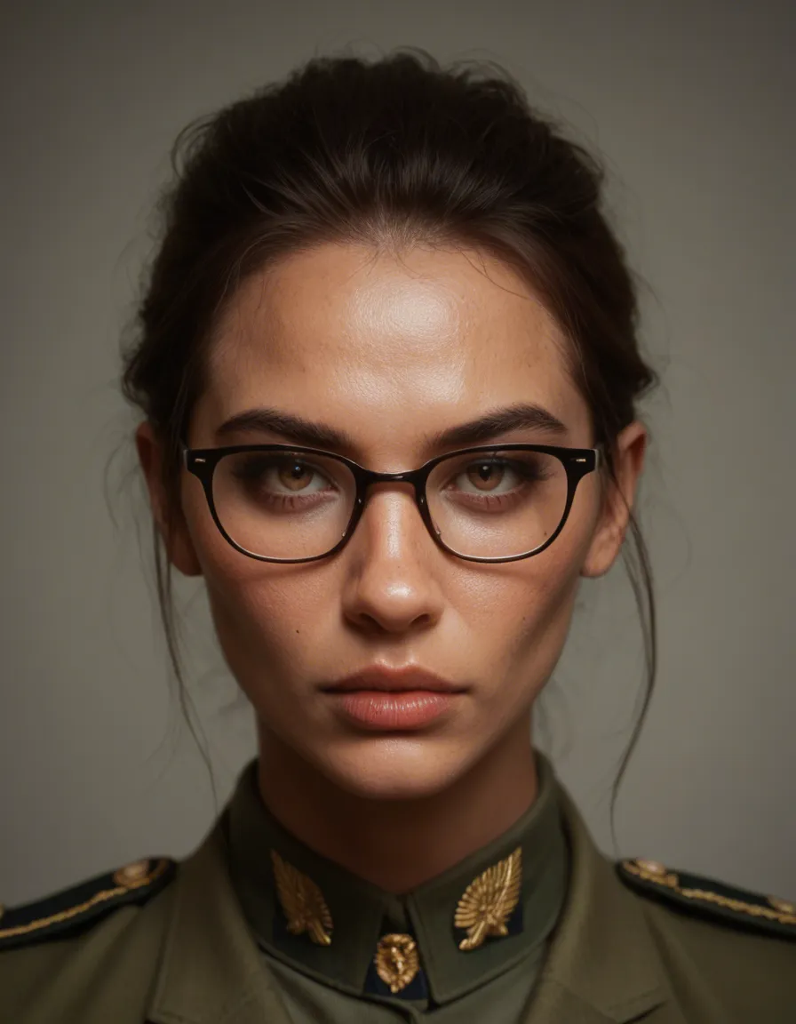 8k, sharp focus, detailed skin, portrait, 1other, futanari, glasses, military, RAW photo, score_9, score_8, candid photo, realistic skin texture, visible skin pores, film grain, depth of field