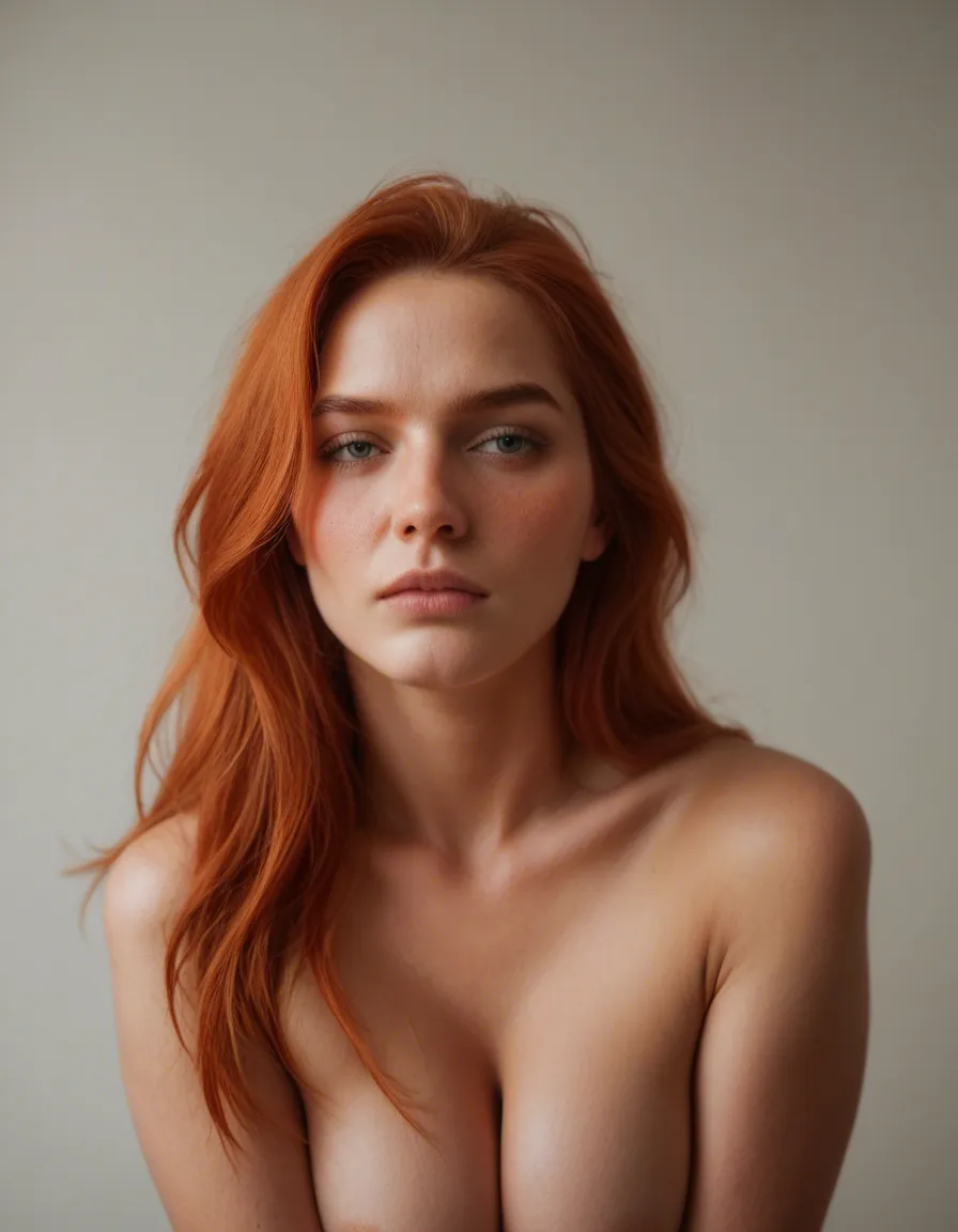 best quality, hyperrealistic, redhead woman, fully nude, hourglass figure, submissive blush, 8k uhd photo, score_9, score_8, candid photo, realistic skin texture, visible skin pores, film grain, depth of field
