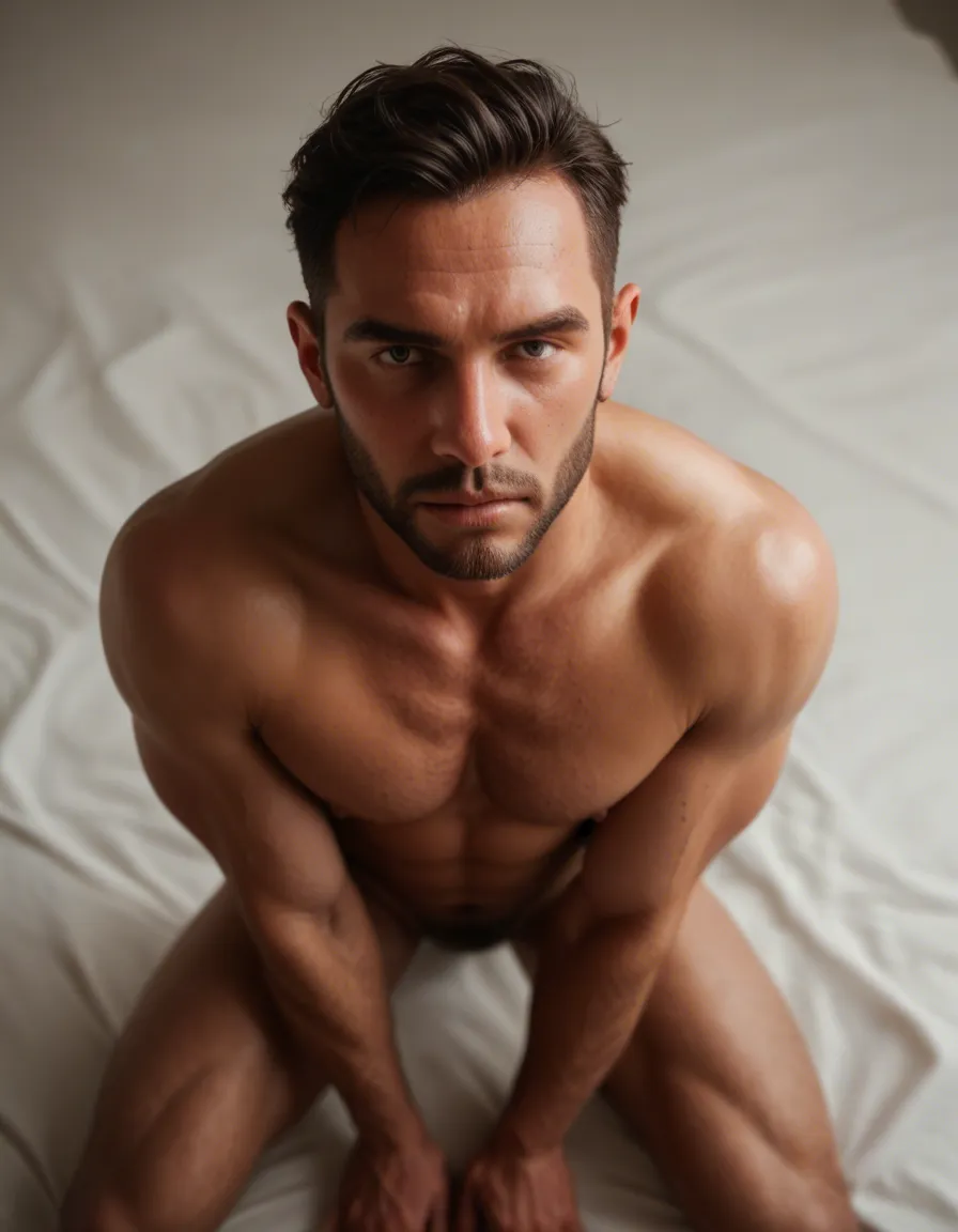 cinematic photo, 8k, from above, male focus, presenting, legs, RAW photo, score_9, score_8, candid photo, realistic skin texture, visible skin pores, film grain, depth of field