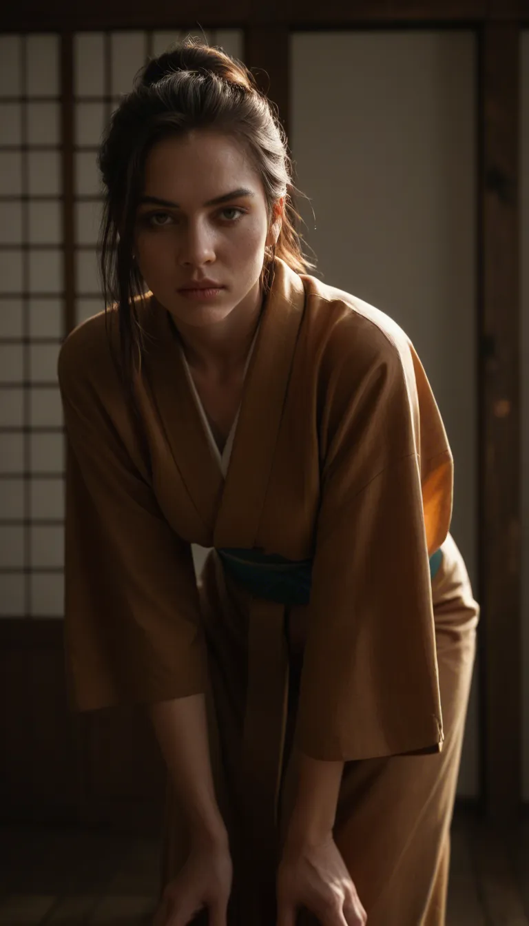 ultra HD, lifelike, 1woman, brown hair, japanese clothes, bent over, hyperrealistic, score_9, score_8, cinematic film still, anamorphic, film grain, dramatic lighting, shallow depth of field